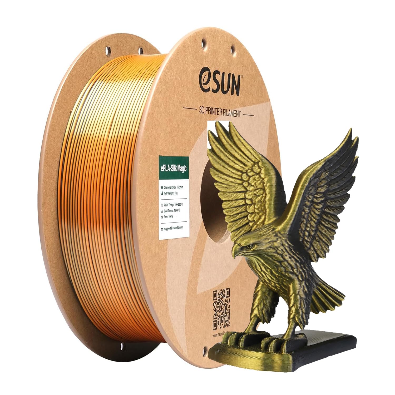 eSUN Silk Dual-Color PLA Filament 1.75mm, Co-Extrusion Silk Magic PLA 3D Printing Filament, Gradient Changing 1KG Spool (2.2 LBS) for 3D Printers, Black Gold