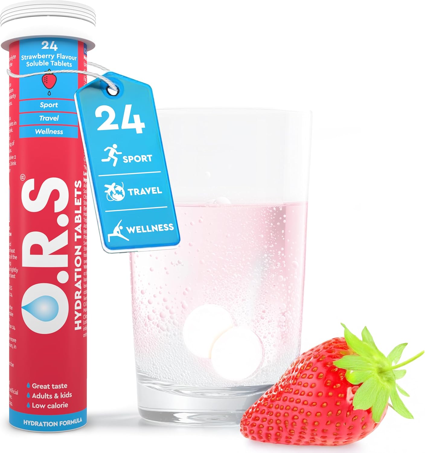 O.R.S Hydration Tablets - Strawberry, Pack of 1 | Electrolytes for Dehydration, Sports & Travel Recovery Drinks | Oral Rehydration Salts for Electrolyte Replacement | Vegan, Gluten-Free, Low Calorie