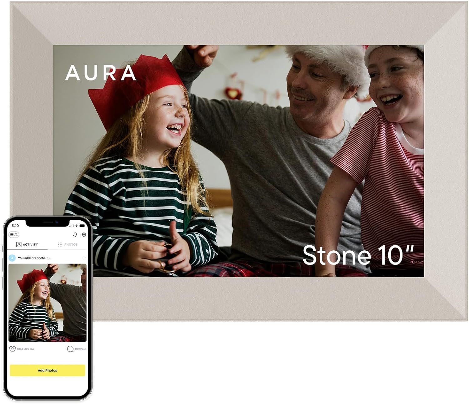 Aura Digital HD Picture Frame, Best Frame for Gifting, Carver, 10" White Stone
