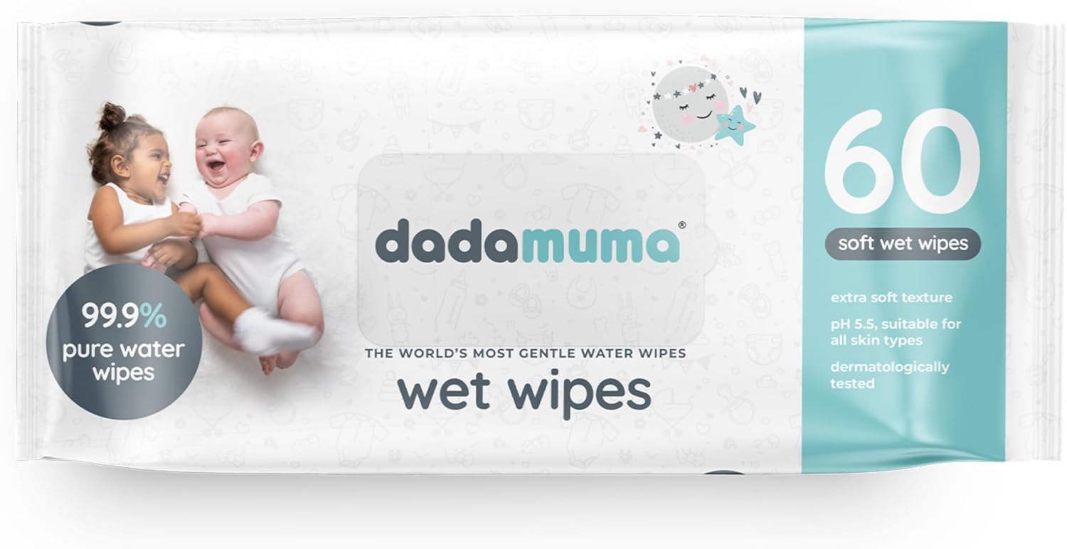 Dadamuma - 99.9% Pure Water Baby Wipes (60 Wipes), Gentle with Newborn Skin, Natural Ingredients, Allergy UK Approved, Plastic-Free, Biodegradable, Eco-Friendly