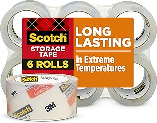 Scotch Long Lasting Storage Packaging Tape, 1.88" x 54.6 yd, Designed for Storage and Packing, Stays Sealed in Weather Extremes, 3" Core, Clear, 6 Rolls (3650-6)