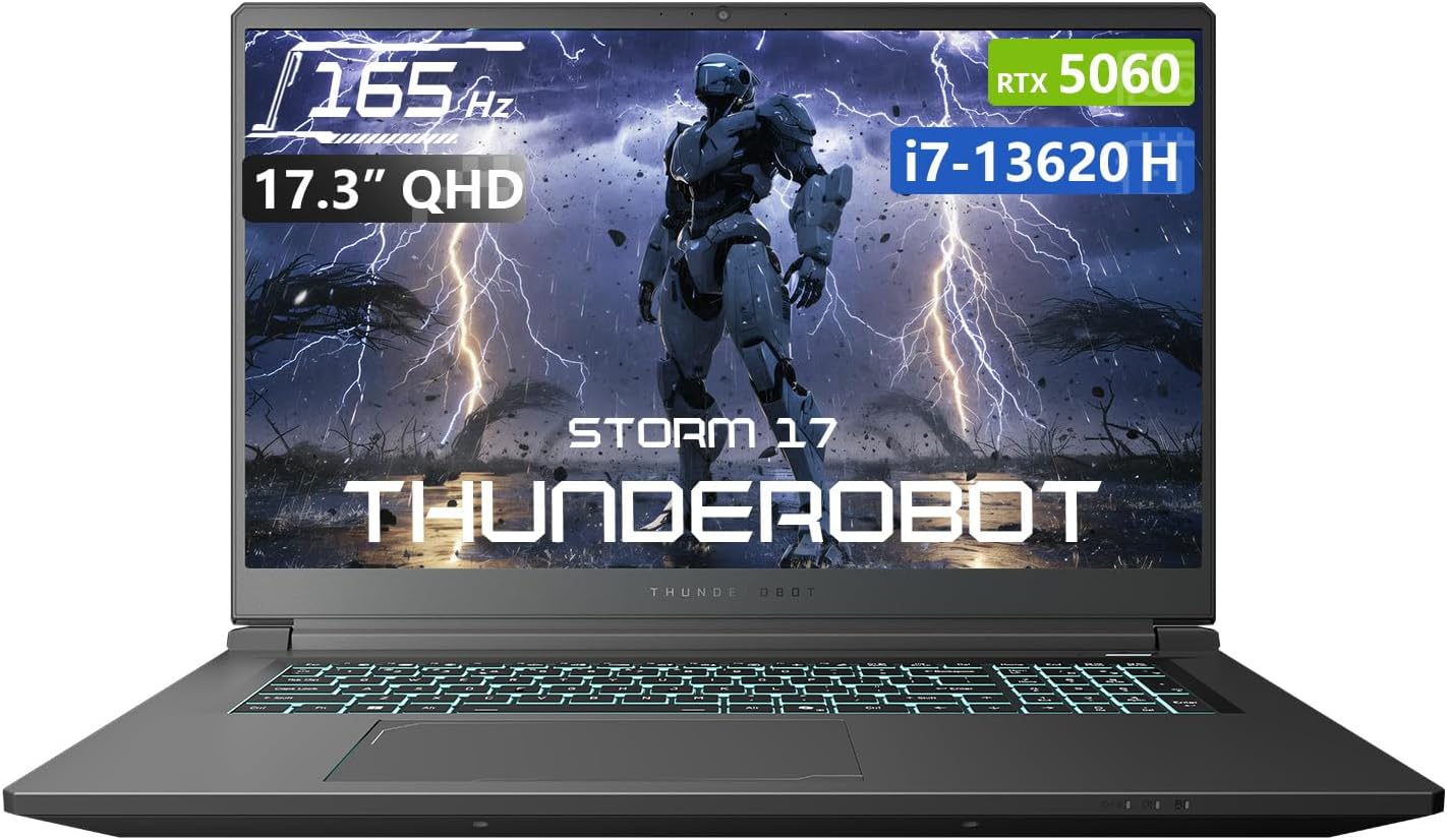 Thunderobot Storm 17 5060 Gaming Laptop, 17.3" QHD 165Hz 2K Display, Core i7-13620H, GeForce RTX 5060, 16GB DDR5 RAM, 1TB SSD, RGB Backlit Keyboard, Wi-Fi 6, Win11 Home