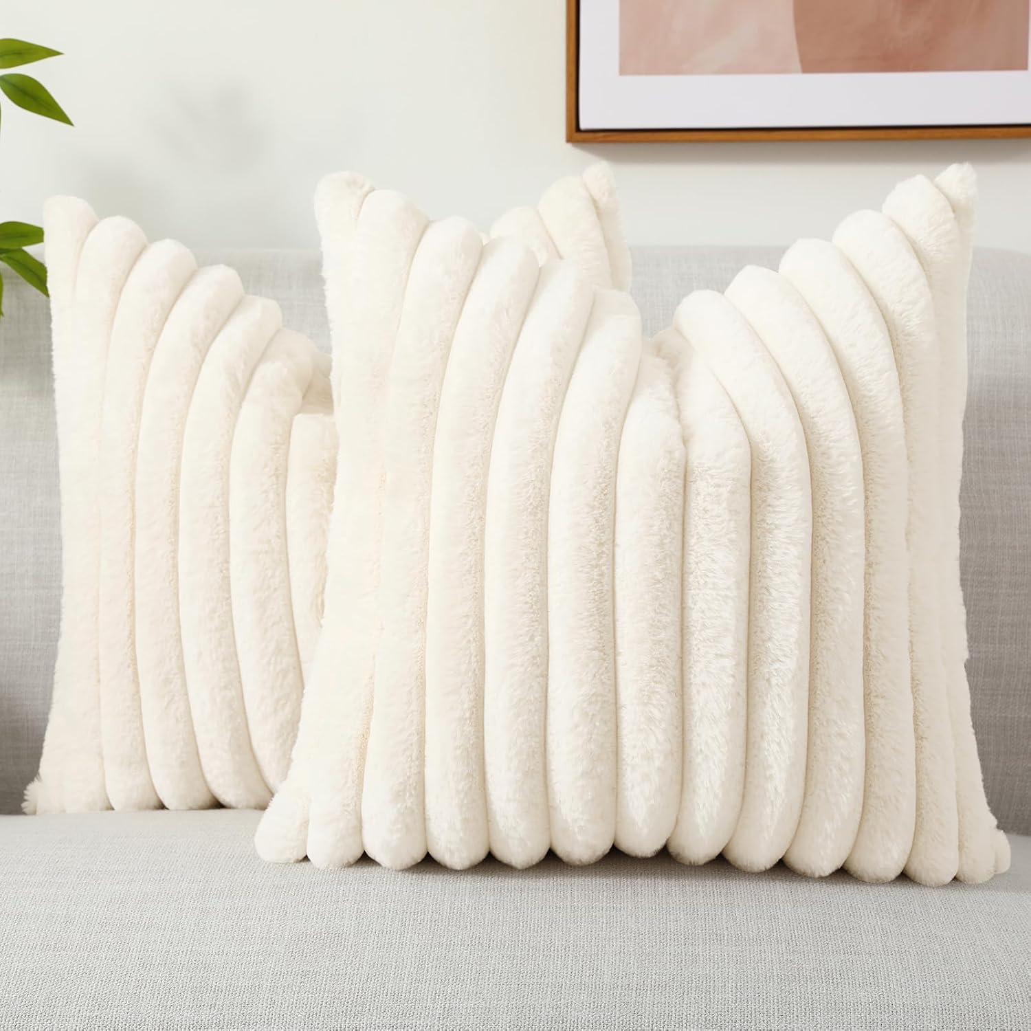 decorUhome Faux Fur Throw Pillow Covers 18x18 Set of 2, Decorative Soft Plush Striped Neutral Couch Pillow Covers with Velvet Back for Sofa, Bed, Living Room Home Decor, Cream White