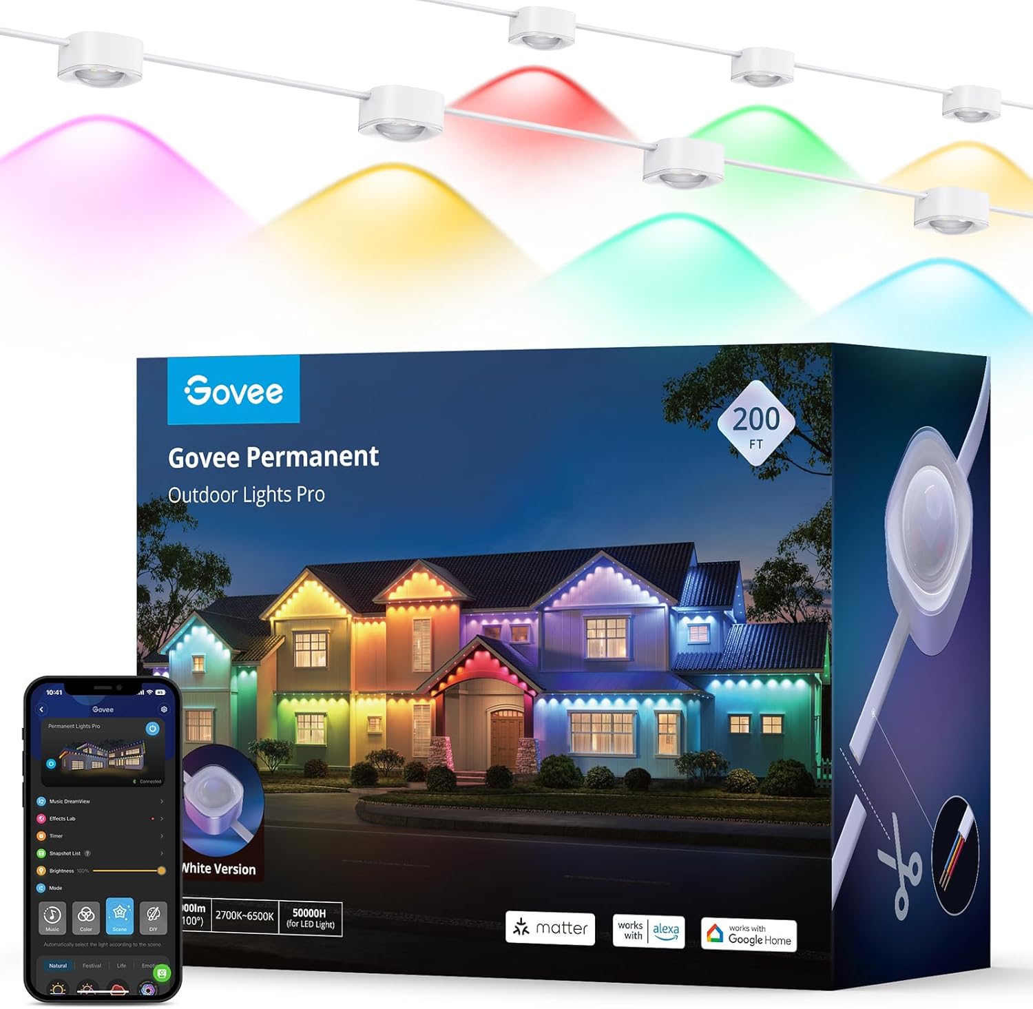 Govee Permanent Outdoor Lights Pro, 200ft with 120 RGBIC LED Lights for Daily and Accent Lighting, 75 Scene Modes for Halloween, IP67 Waterproof, Works with Alexa, Google Assistant, Matter, White