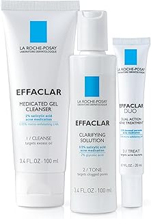 La Roche-Posay Effaclar Dermatological 3 Step Acne Treatment System, Salicylic Acid Acne Cleanser, Pore Refining Toner, and Benzoyl Peroxide Spot Treatment for Sensitive Skin, 2-Month Supply