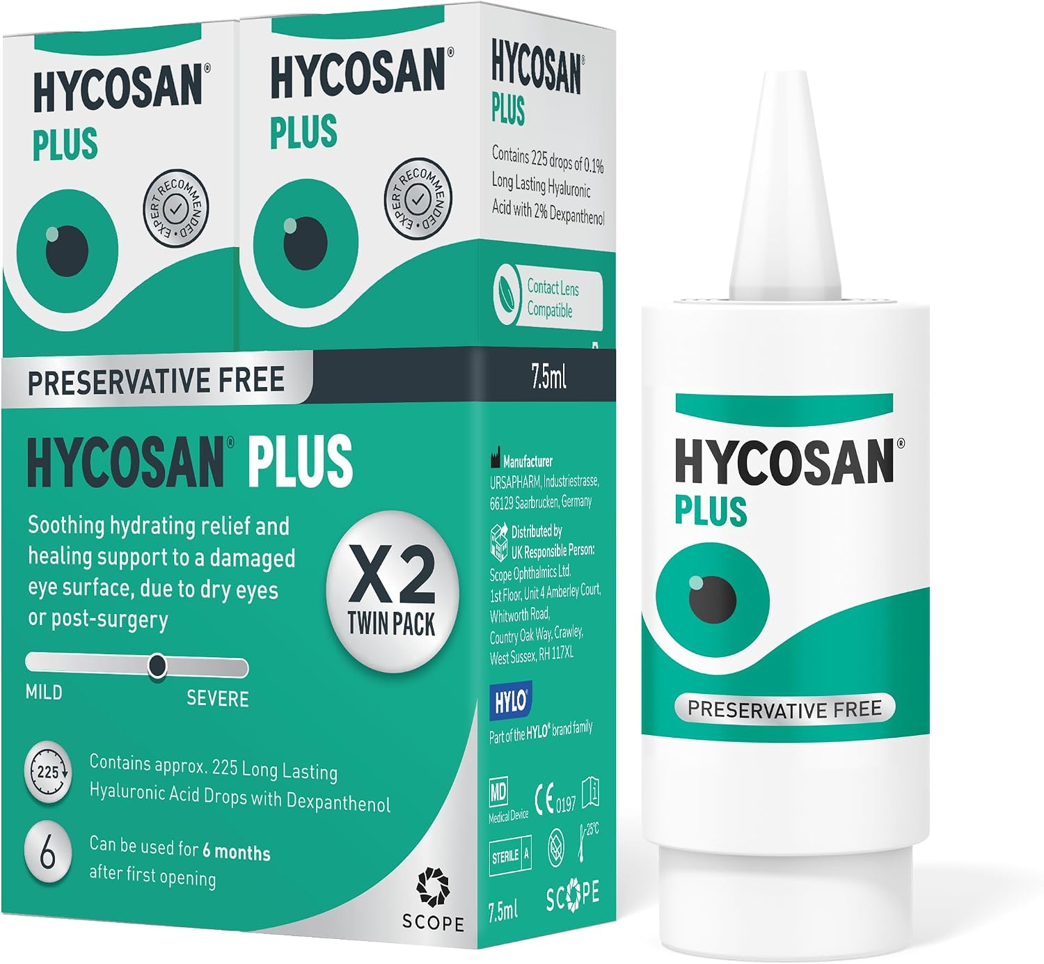 Hycosan Plus - Twin Pack - Dry Eye Drops with Hyaluronic Acid and Dexpanthenol for Relief and Healing Support for Eyes Recovering from Injury or Surgery - Preservative Free – 2 x 225 Measured Doses
