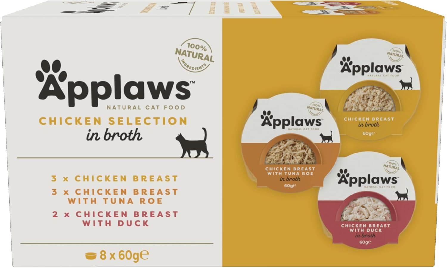 Applaws 100% Natural Wet Cat Food Pot, Multipack Chicken Selection in Broth for Adult Cats - Pack of 8 x 60g Pots