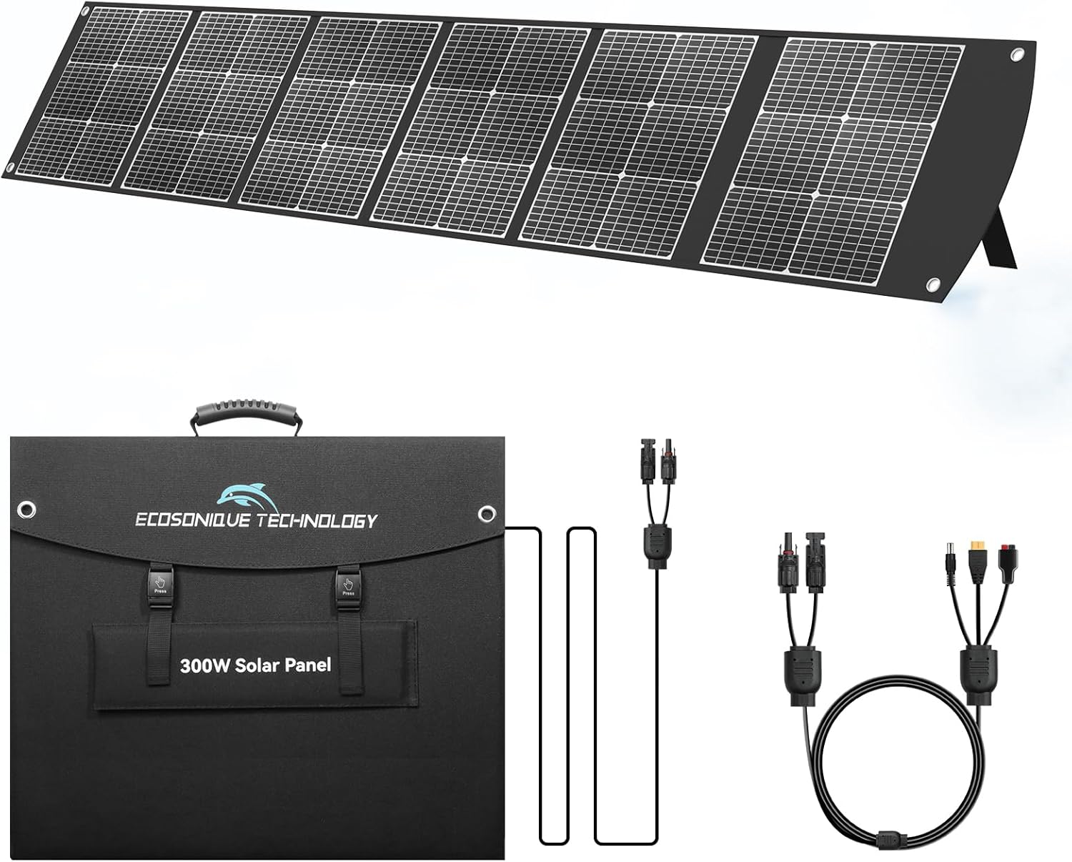 Ecosonique 300W Portable Solar Panel for Most Power Stations, Foldable & Lightweight Solar Suitcase with Kickstands, 40V MC4 & Multi-Output for Solar Generators, RVs, Camping, and Outdoor Use
