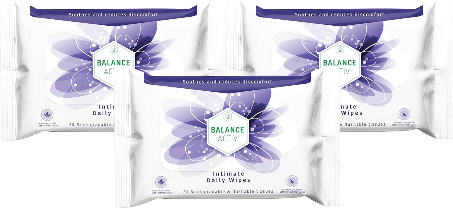 Balance Activ Intimate Wipes, Biodegradable, Flushable & pH Balancing, Natural Extracts of Aloe Vera, Mallow & Calendula to Soothe & Reduce Discomfort, 20 Wipes (Pack of 3)