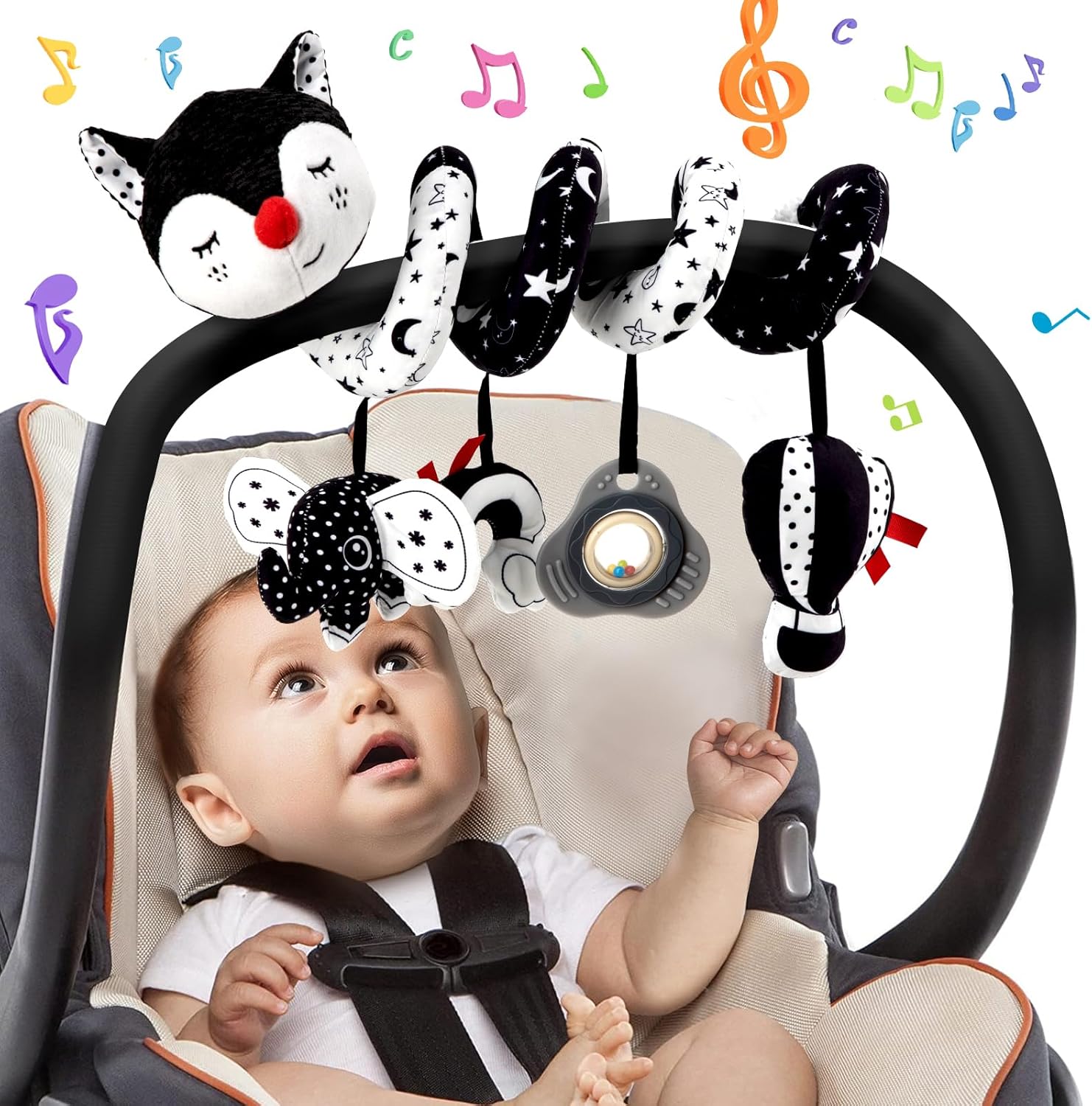 Funsland Spiral Pram Toys for Babies, Musical Infant Car Seat Toys Stroller Spiral Hanging Toys for Baby Girl 3-12 Months, Sensory Early Education Fox Crib Spiral Pushchair Toys Toy for Baby