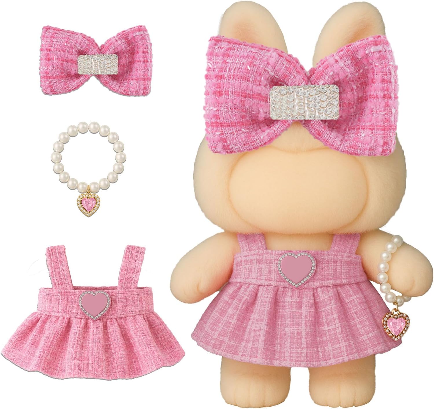 Cute Doll Clothes for Labubu (NO Doll) Outfit Blind Mystery Box Accessories La Boo-Boo Ropa Case Plush Toy Stuff Cart Seat Chair Glasses Hat Shoes Bed Blanket Car Dress Overalls Hoodie (Pink)