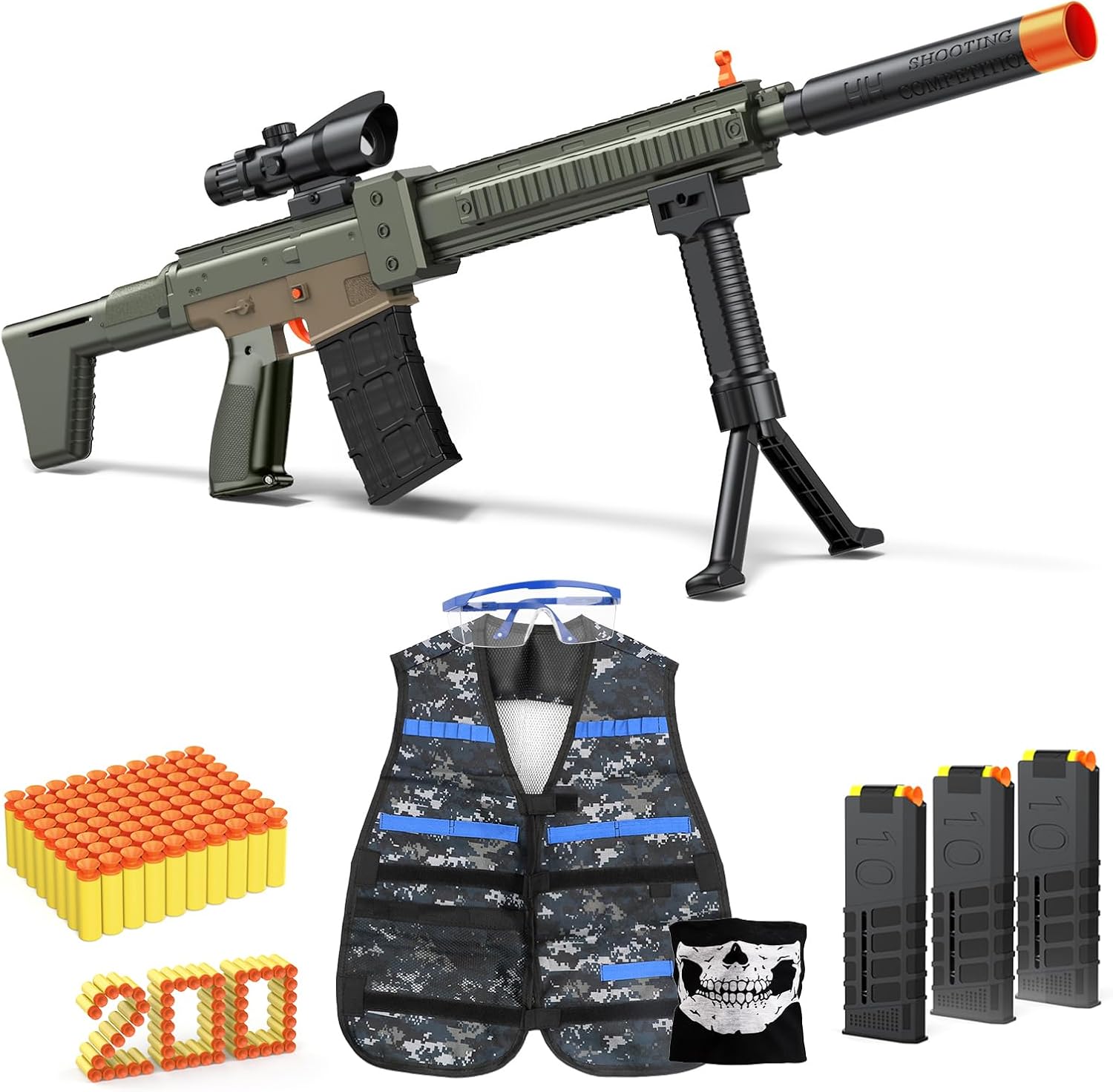 Toy Gun - Automatic Sniper Rifle, Toy Foam Blasters with Tactical Vest, Bipod, 3 Clips and 200 Darts, Electric Toys for Adults Boys Age 8-12