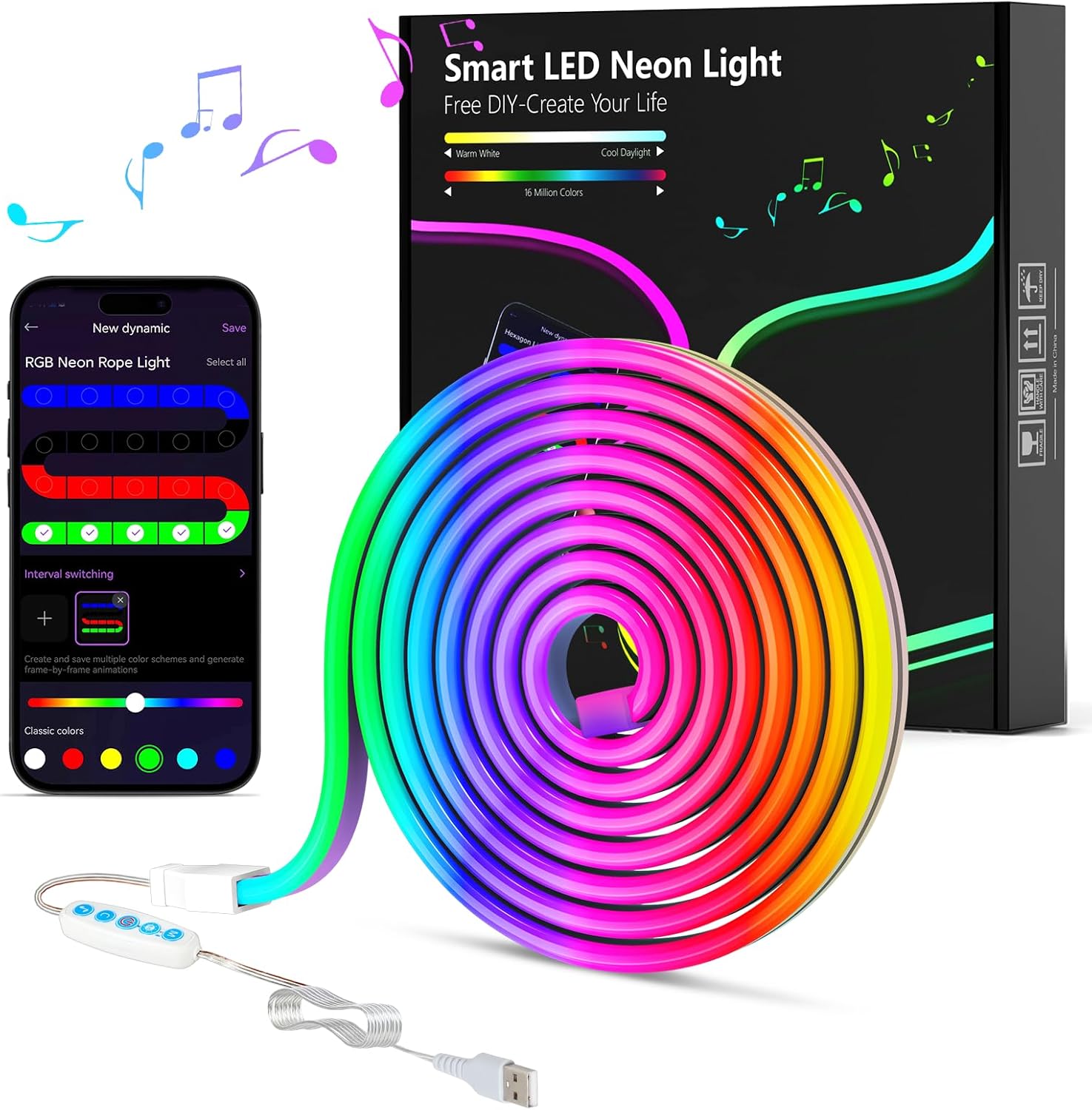 COLWINKU LED Neon Rope Lights, 3.3FT/1M RGB LED Strip Lights App Control, Music Syncing, Neon Lights Strip Flexible DIY Design for Bedroom, Living, Gaming, Kitchen, Indoor, Party Decoration