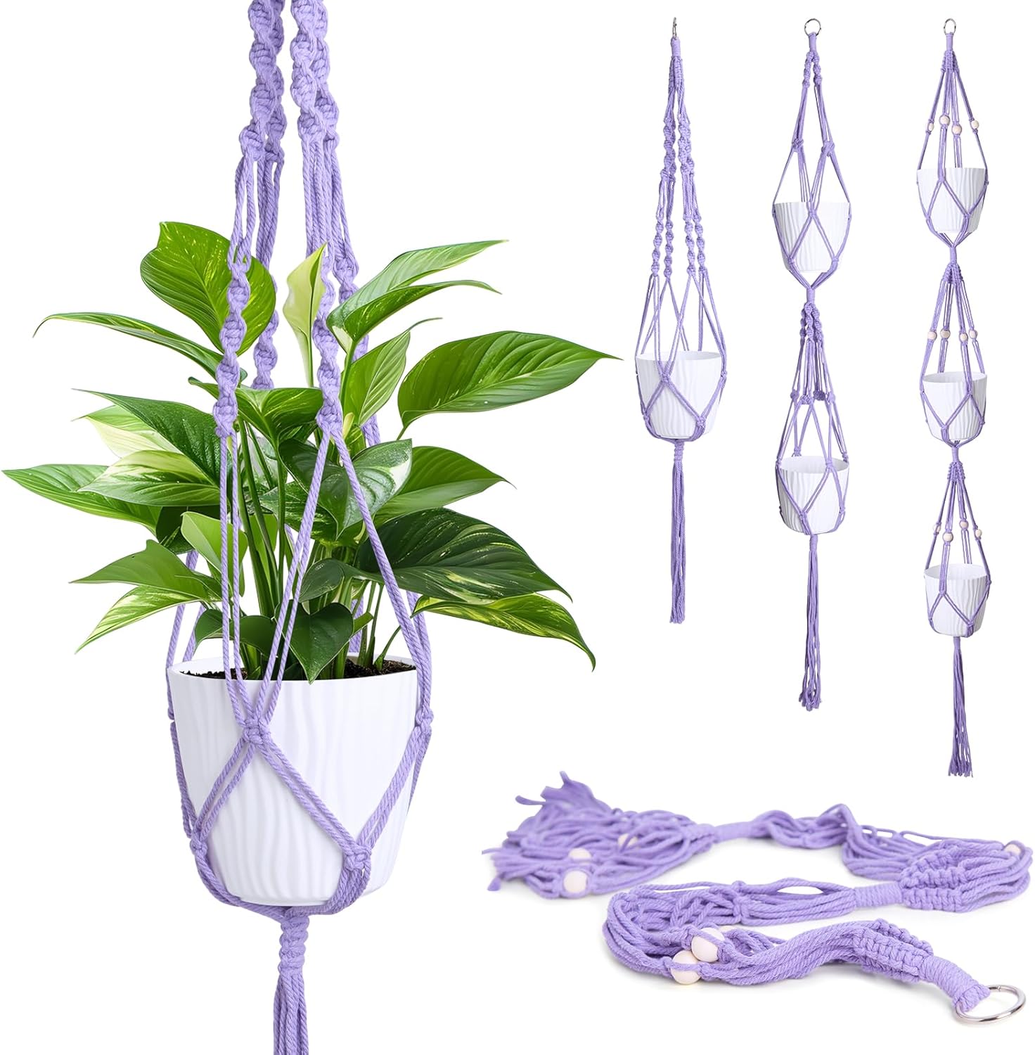 XXXFLOWER 3 Pack Macrame Plant Hanger Hanging Plant Pots Indoor Hanging Baskets Cotton Rope Hanging Flower Pots Plant Holder with Beads Boho Balcony Home Ceilings Decor Purple