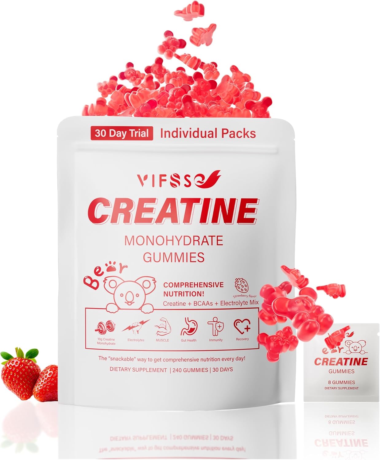 Creatine Monohydrate, Creatine Chewable 240 Gummies for Women and Men with 10 Creatine Monohydrate, Mix BCAAs and Electrolytes per Serving, Strawberry Sugar Free Gummies for Muscle Strength