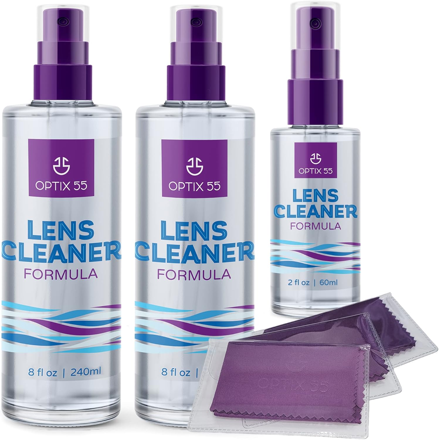 Optix 55 Lens Cleaner Spray Kit - Alcohol & Ammonia Free | (2) 8oz + (1) 2oz Eye Glasses (3) Microfiber Cloths Safe for Eyeglasses, Lenses Screens Streak-Free, Unscented (18 Fl Oz)