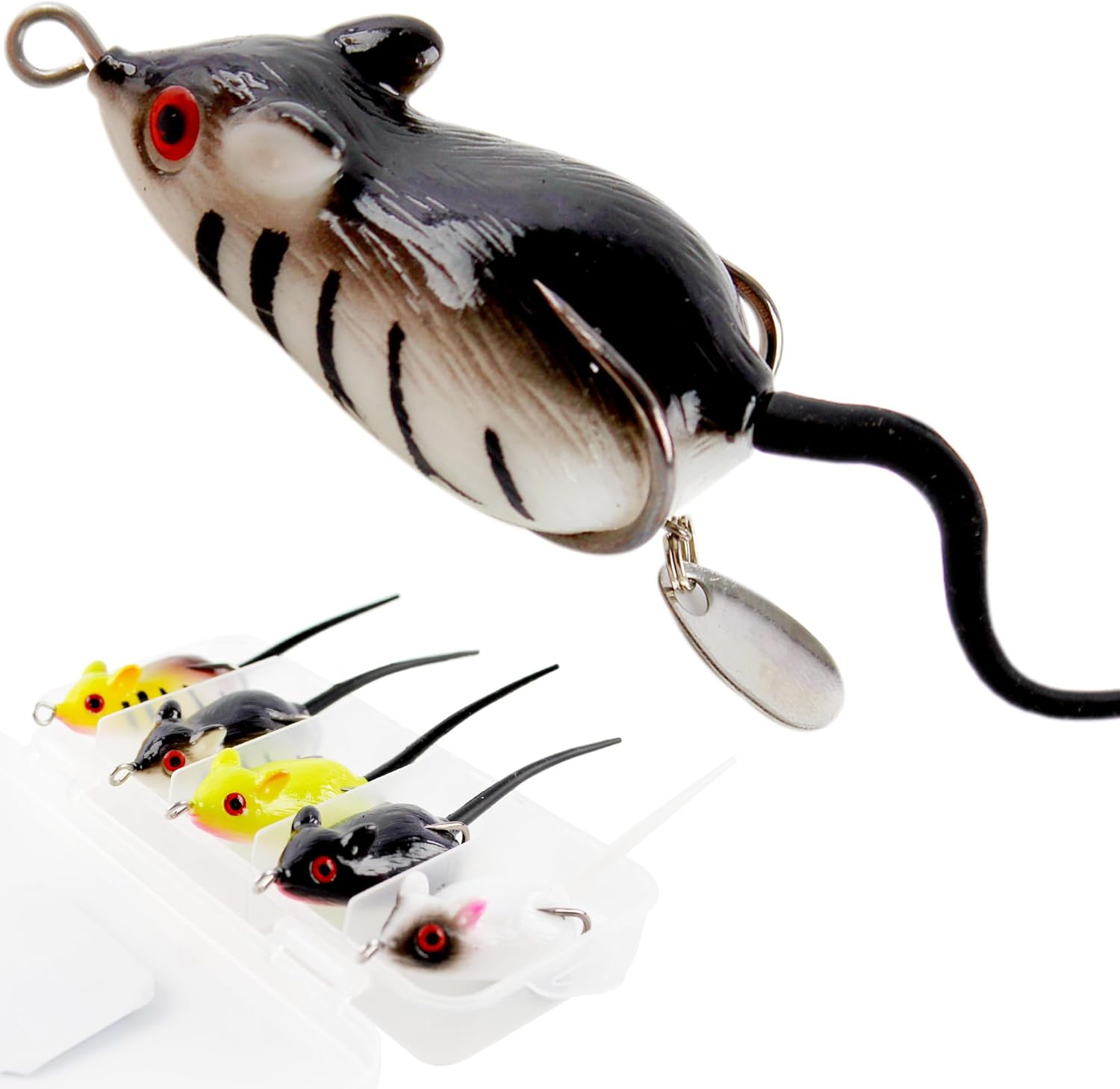 Topwater Mouse Rat Fishing Lure, 5pcs Realistic Soft Rat Bait for Bass, Trout, Pike, Muskie, Hollow Body, Weedless Double‑Barb Hooks, Spinnerbait Blade, Glide Bait & Crankbait Compatible
