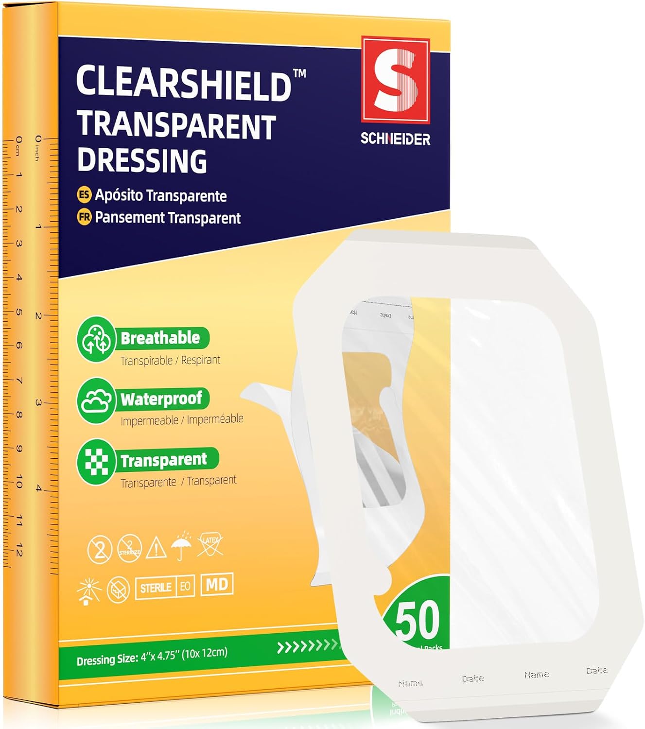 ClearShield Transparent Film Dressing 4" x 4.75" Pack of 50, Waterproof Bandages Breathable Hypoallergenic, Adhesive Patch for Post Surgical Shower, IV Shield, Tattoo Aftercare