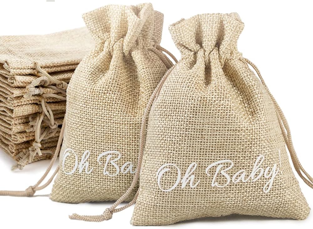 Sweet Baby Co. Baby Shower Favors for 20 Guests Oh Baby Party Favor Bags for Guest Bulk, Girls or Boys Gender Neutral Gender Reveal Prizes, Fall Games for Boy Girl, Muslin Bag for Bottles Letters