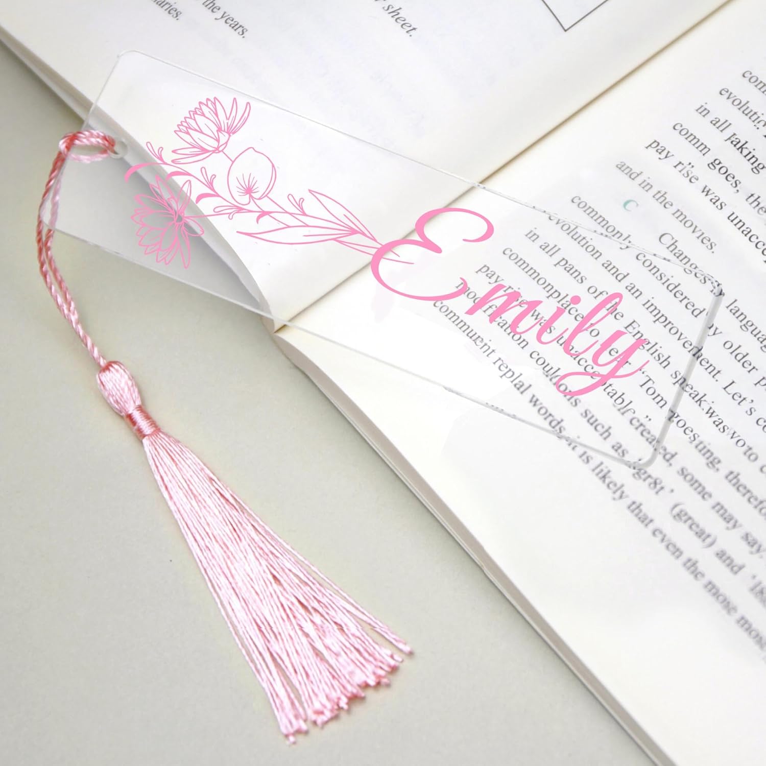 Personalised Bookmark Acrylic Bookmarks with Birth Flower Custom Bookmarks Gifts with Tassels Book Marks for Women Birthday Christmas Anniversary Men Son Daughter Nanny Book Lovers (Pink)