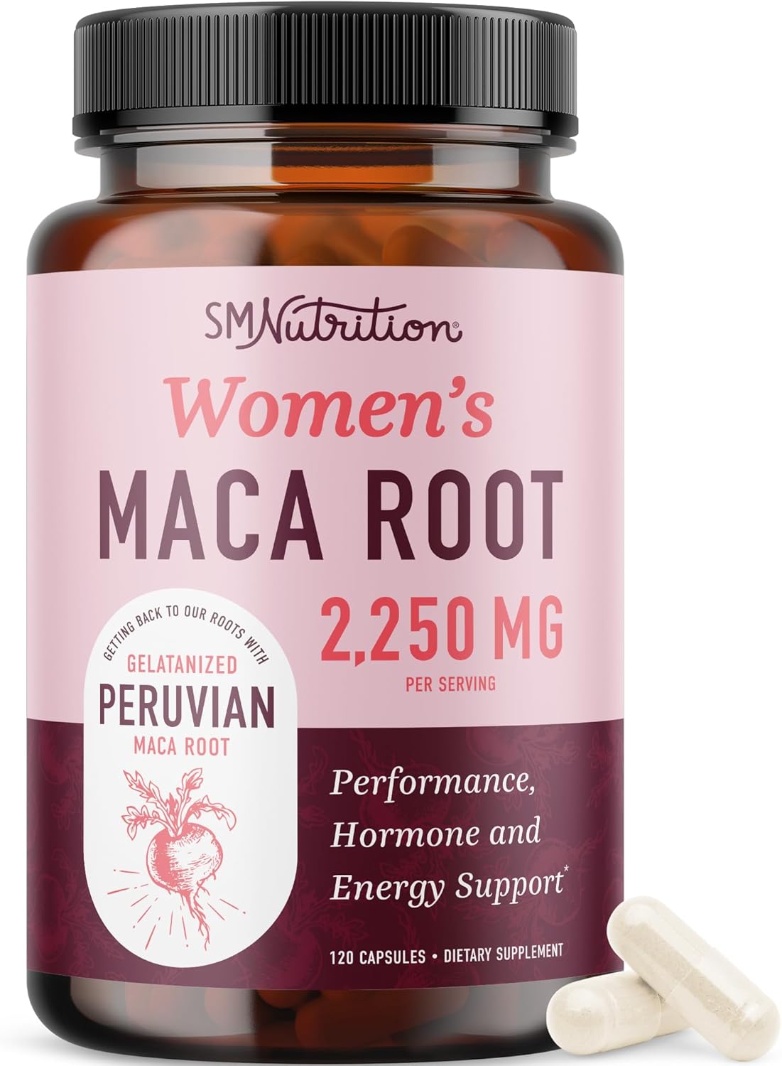 Organic Maca Root Capsules for Women | Peruvian Maca 2250MG Extra Strength | Red, Black & Yellow Root Powder with Black Pepper | Herbal Supplement to Support Energy & Hormone Balance | 120 Ct