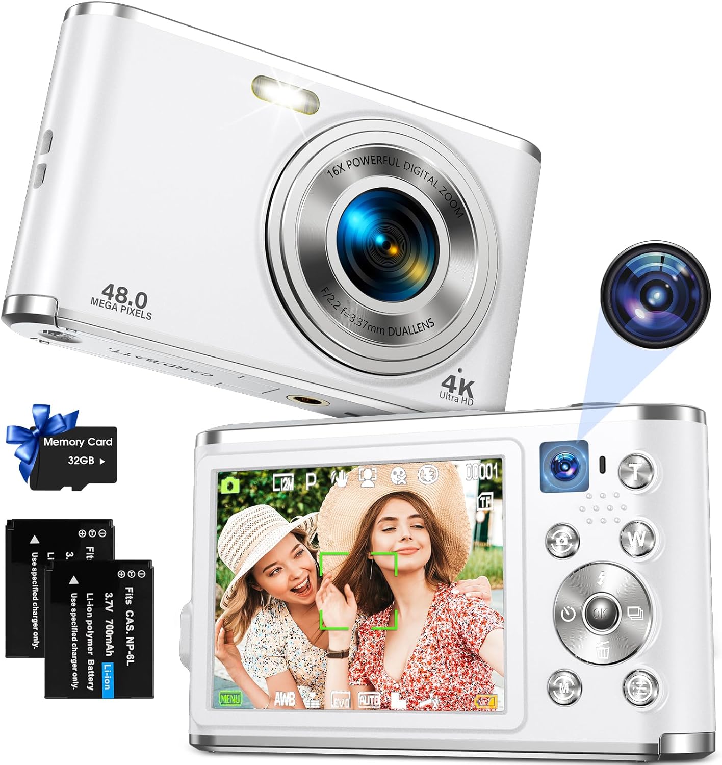 Digital Camera, Auto Focus 4K Vlogging Camera with FHD Dual Lens 48MP 16X Digital Zoom with 32GB Card, YouTube Portable Compact Point and Shoot Cameras for Teens Beginner Adult,2 Batteries,White
