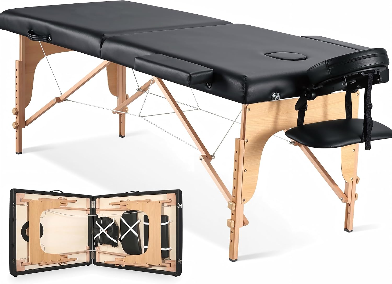 CHRUN Portable Massage Table 23.5" Wide Lash Bed, 2-Fold Wooden Massage Bed with Carrying Bag, Height Adjustable Spa Facial Tattoo Table with Face Cradle, 496 lbs Capacity, Black