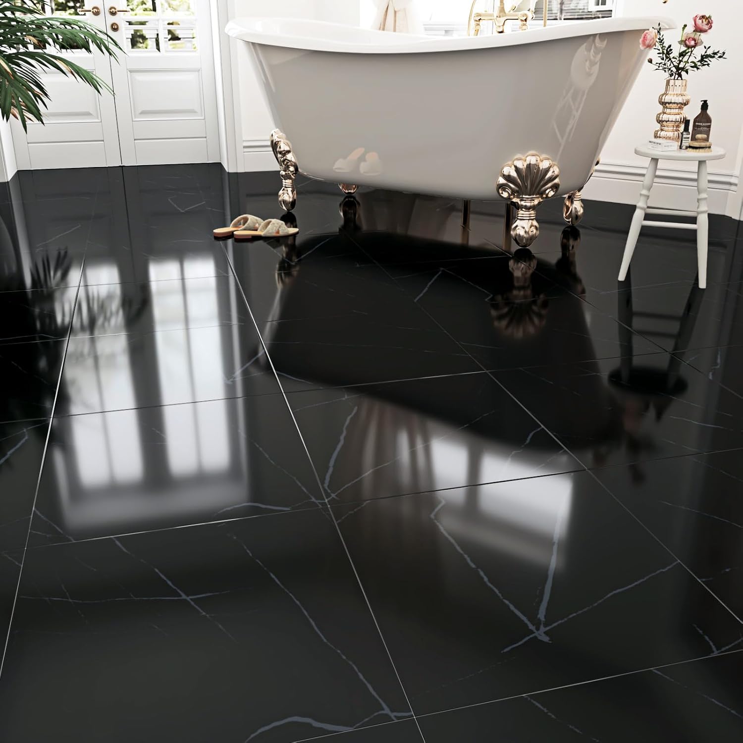 WESTICK 20 Pcs Black Peel and Stick Floor Tile Bathroom Granite Floor Tiles Peel and Stick Waterproof Black Vinyl Tile Self Adhesive Marble Floor Tile for Bedroom Kitchen RV 12" x 12"