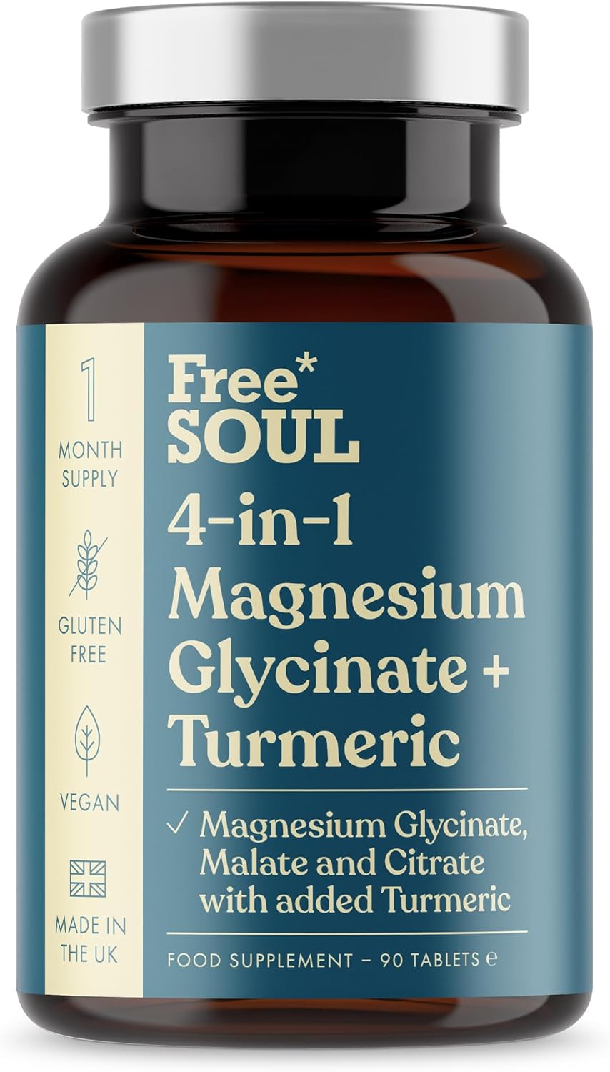 Magnesium Glycinate + Turmeric 4-in-1 Complex | Triple-Strength Magnesium Supplements with 1283mg, Bisglycinate, Citrate, Malate & 2000mg Turmeric | 90 Vegan Tablets | Gluten-Free