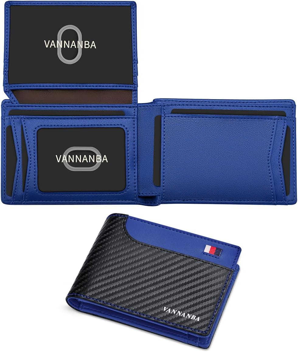 VANNANBA Mens Carbon Fiber Leather Bifold Wallets with 2 ID Windows, RFID Blocking Wallets with Bill Compartment, Stylish Pocket Wallets for Men