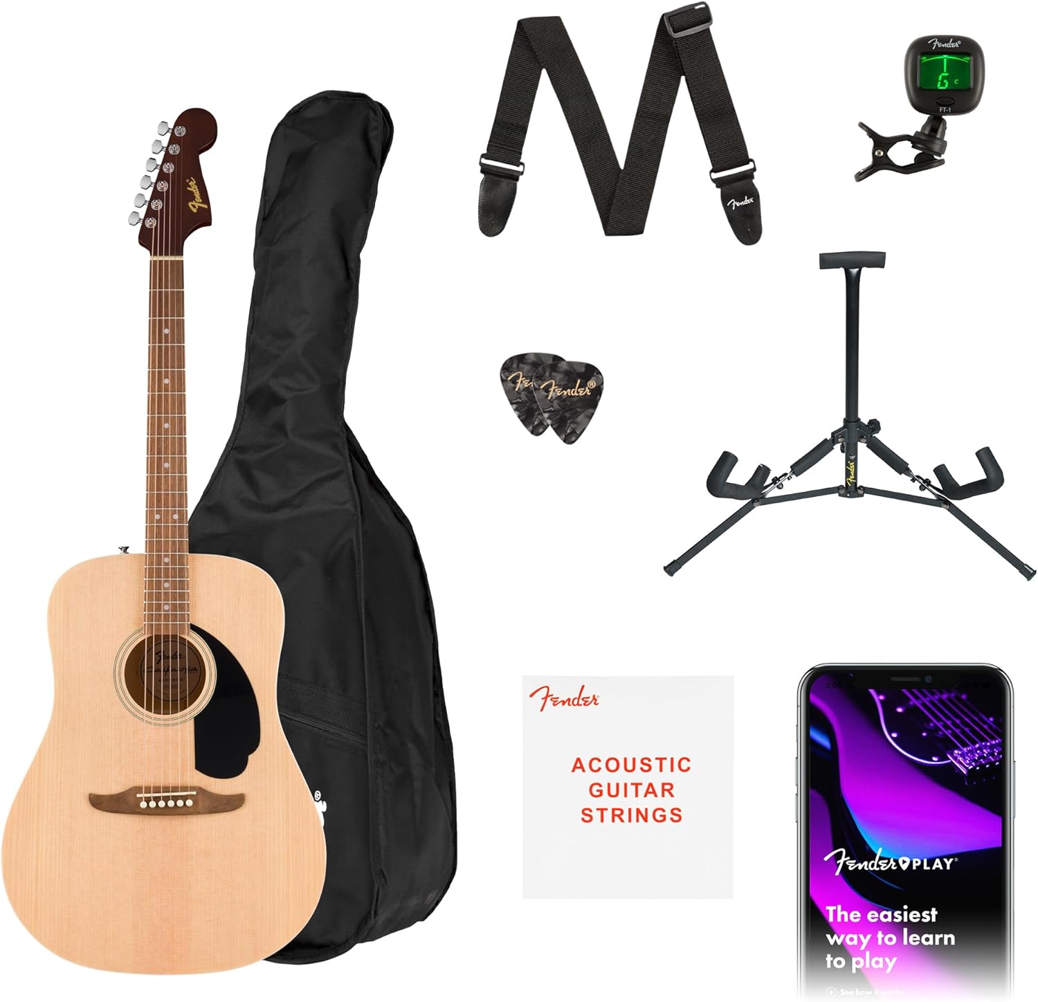 Fender California Debut Redondo Drednought Acoustic Guitar Pack in Natural. Includes a gig bag, a strap, picks, a guitar stand, clip-on tuner, Play and an extra set of strings.
