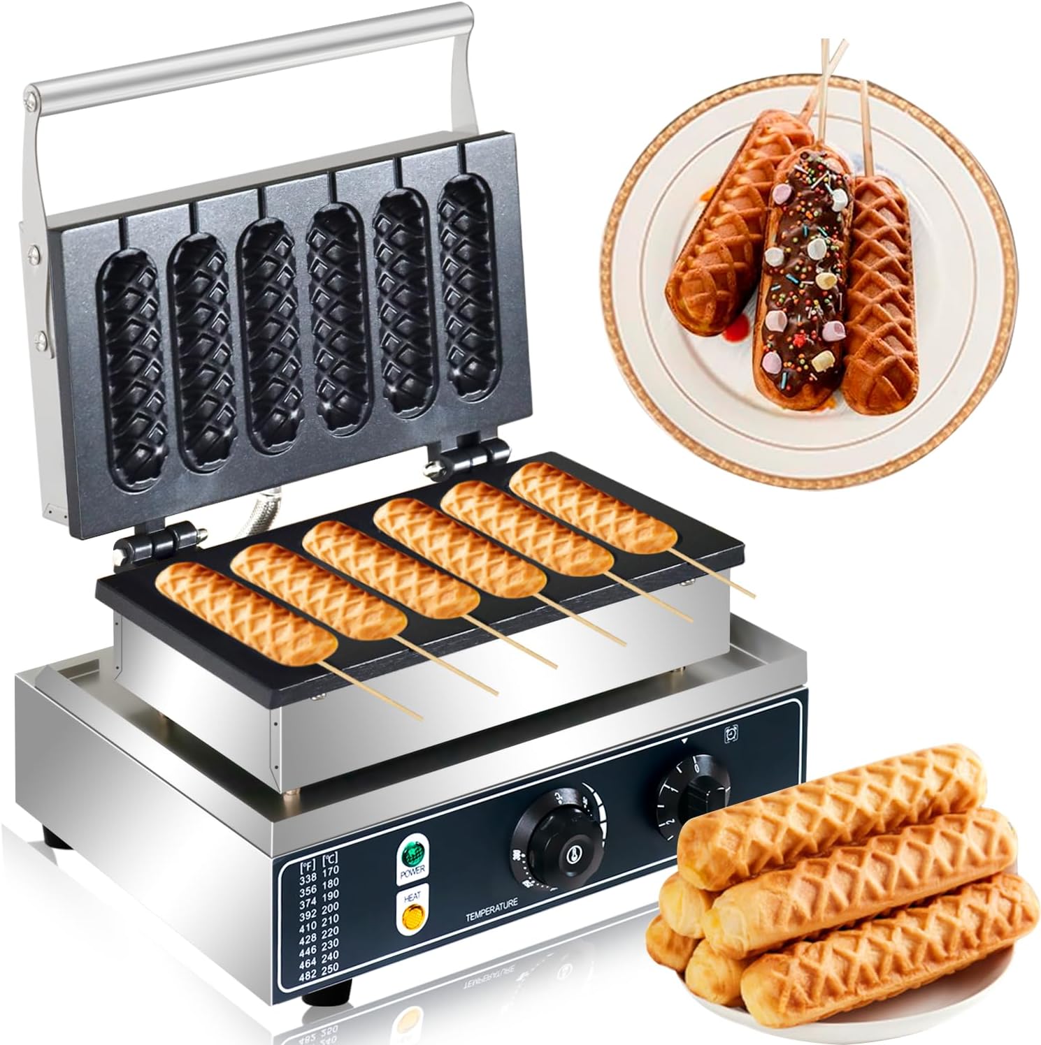 Commercial Corn Dog Waffle Maker 1600W Lolly stick waffle Maker 6 Slice Non-Stick Stainless Steel Corn Hot Dog Waffle Iron with Temp and Time Control, for Restaurant Bakery Snack Bar Family