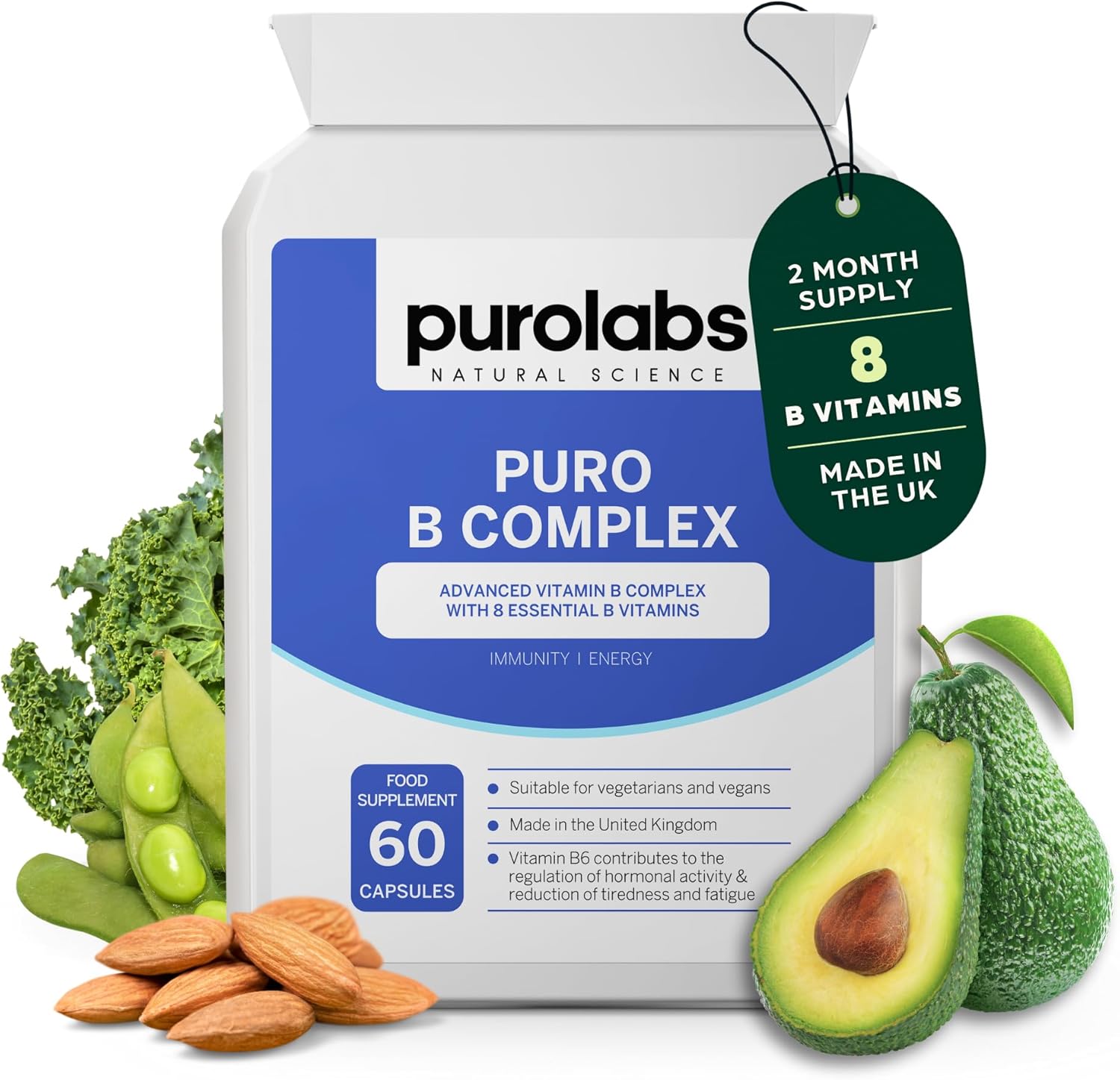 Purolabs Vitamin B Complex | High Strength | Eight Essential B Vitamins | High Absorption | Methylated with Folate, B6 & B12 | 60 Vegan Capsules | Made in The UK