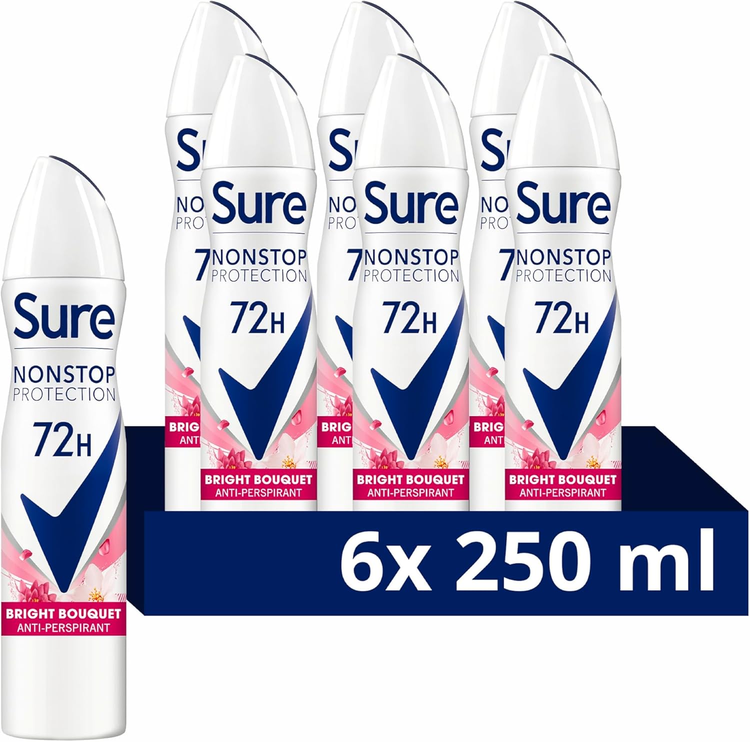 Sure Nonstop Protection Bright Bouquet Anti-Perspirant Aerosol Women's Deodorant Spray with Body Heat Activated tech. and a strawberry & vanilla scent for 72 hour odour and sweat protection 6x 250 ml