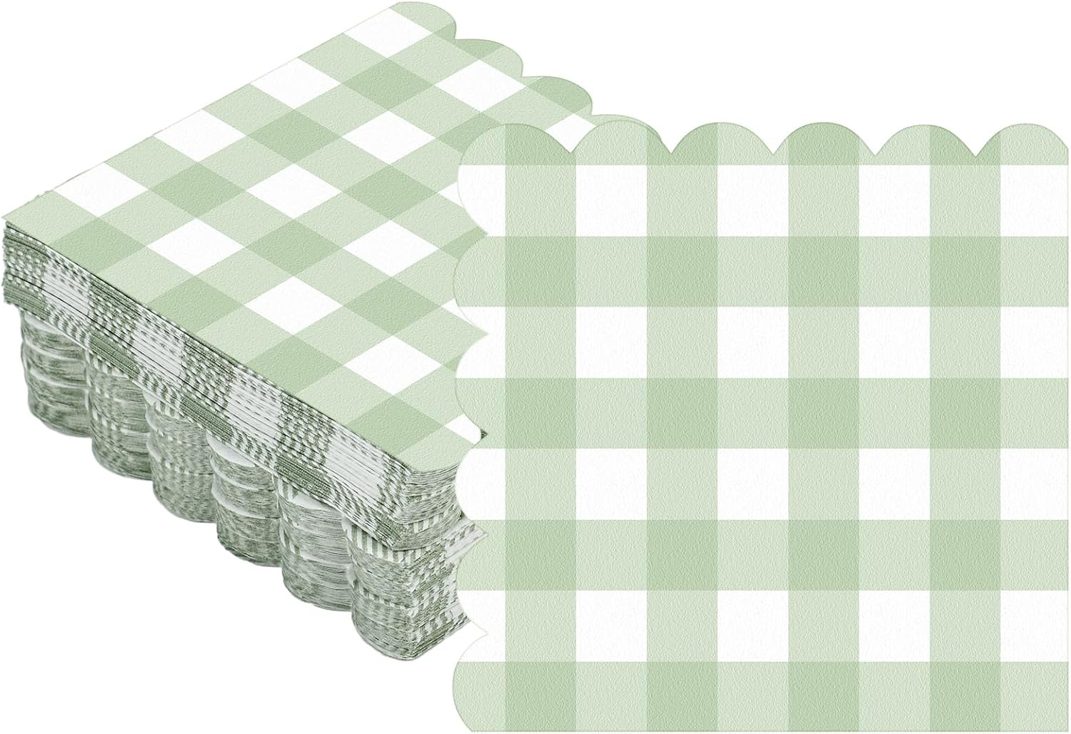 Seajan 100 Pieces Scalloped Cocktail Napkins Plaid Thick Paper Napkins Disposable Scalloped Napkins for Party Decorations Wedding Birthday Dinner Beverage Supplies, 5 x 5 Inches (Sage Green)