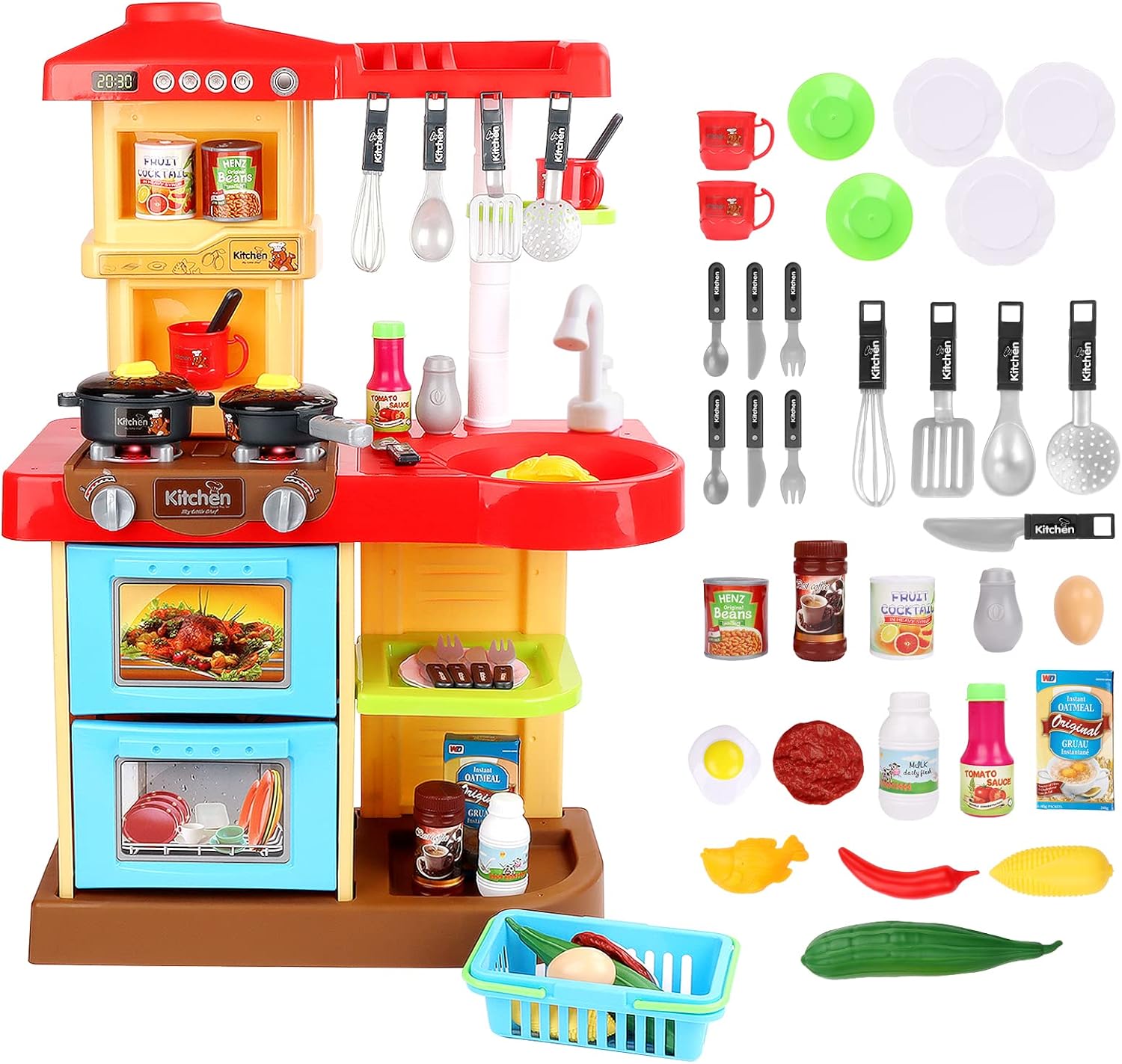 deAO Toddler Kitchen Playset My Little Chef With 30 Accessories Role Playing Game for Children (RED)