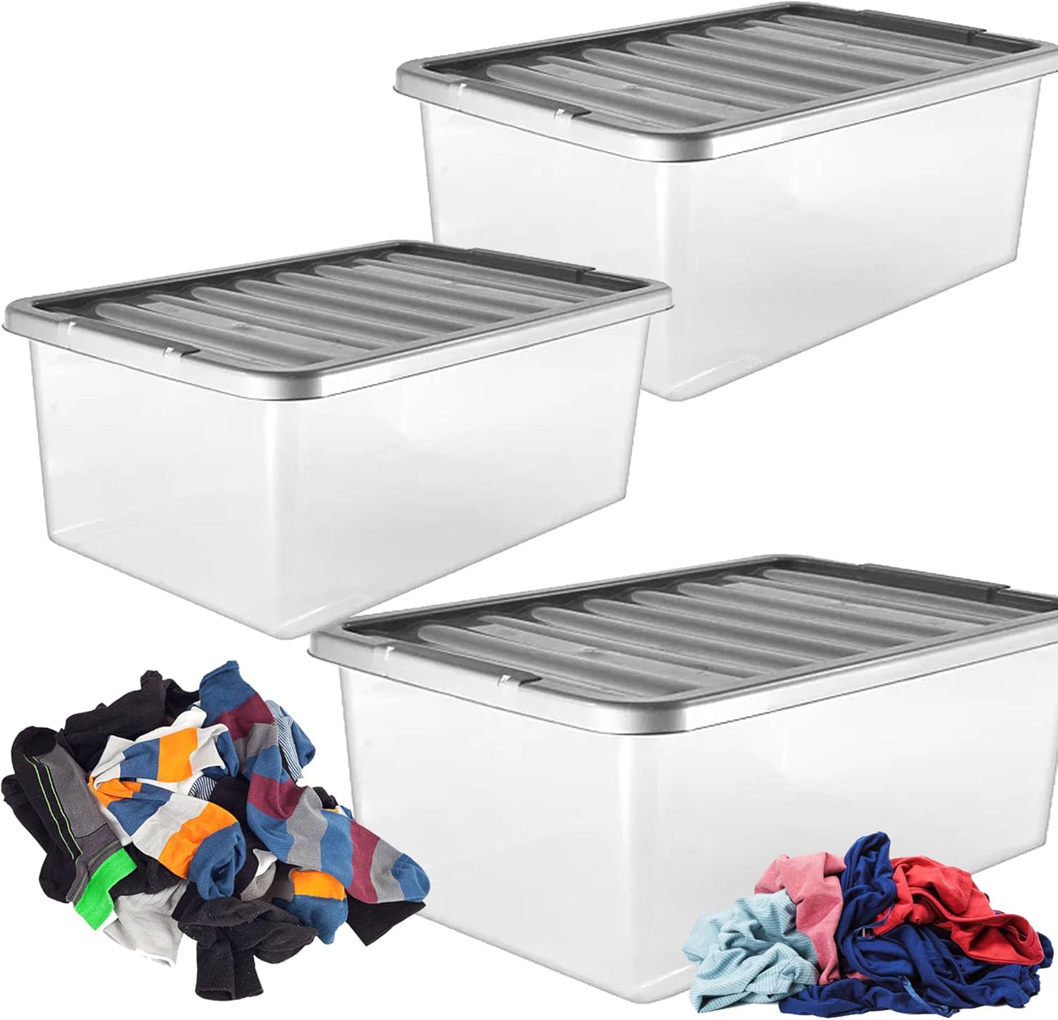 STORM TRADING GROUP 3 x Underbed Storage Containers 32 Litre Large Big Plastic Underbed Storage Clear Boxes With Silver Lids Strong Durable Stackable Containers