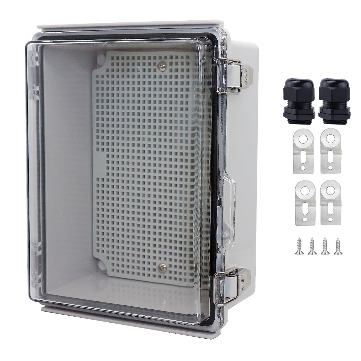 Waterproof Junction Box, ABS Plastic Electrical Box with Stainless Steel Latch, Hinged Cover Electric Project Enclosure Box with Mounting Plate, Wall Brackets & Cable Gland 8.7"x6.7"x4.3"