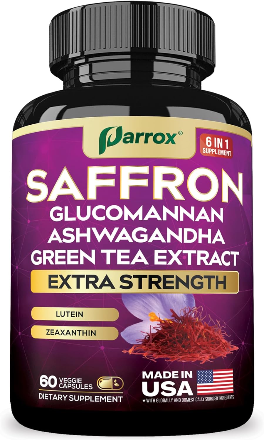 Saffron Supplement with Glucomannan, Ashwagandha, Green Tea Extract, Zeaxanthin & Lutein, Vision Support & Daily Wellness Formula, Extra Strength Plant-Based Capsules, 2 Month Supply (60 Caps)