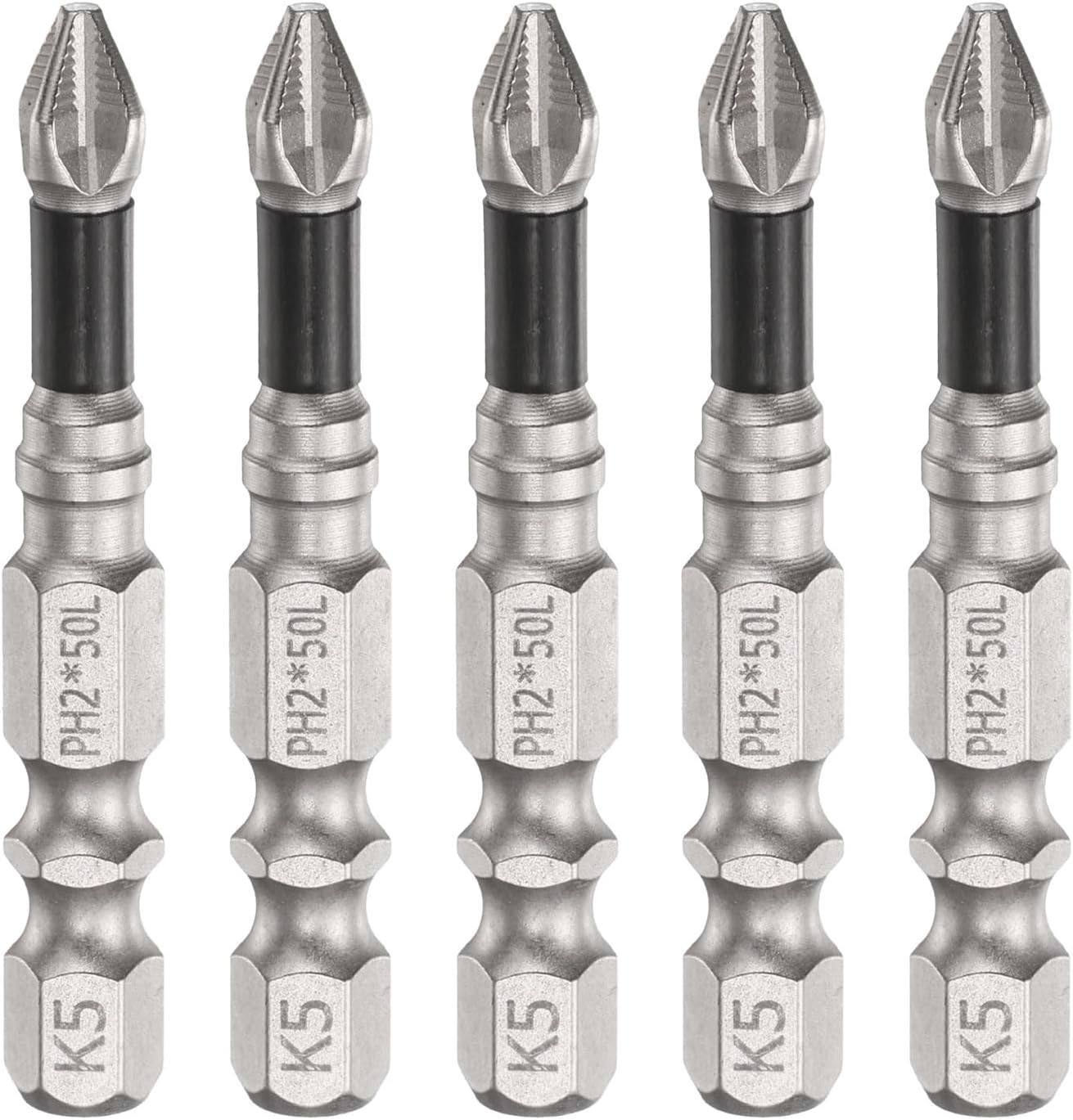 sourcing map 5pcs Impact Phillips Screwdriver Bit PH2 (#2) Anti Slip Tip 1/4" Hex Shank 2" (50mm) Long Magnetic Cross Screw Driver Industrial Power Drill Bits for Remove Fastening Screws