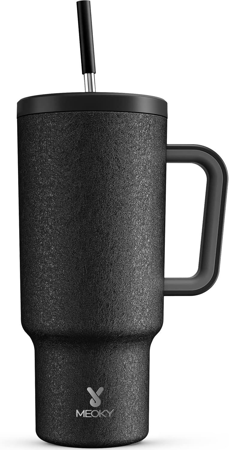 Meoky 40oz Tumbler with Handle, Leak-proof Lid and Straw, Insulated Coffee Mug Stainless Steel Travel Mug, Keeps Cold for 34 Hours or Hot for 10 Hours (Night)