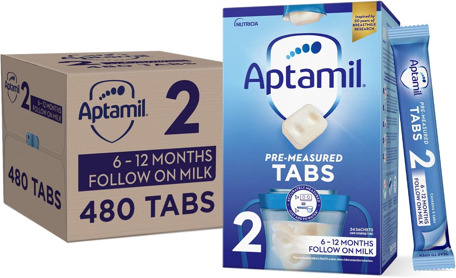 Aptamil 2 Follow On Baby Milk Formula Pre-Measured Tabs, 6-12 Months, 120 Tabs (Pack of 4) - 1 tab = 1 scoop (24g)