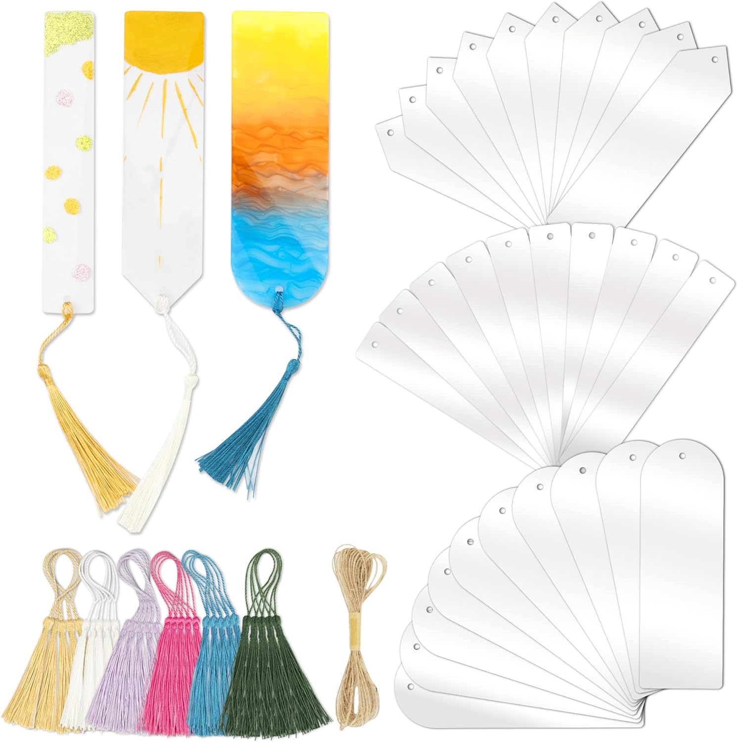 Acrylic Bookmarks Blanks Bulk 61PCS Clear Bookmark Plastic Blank 30 Sets with 6 Color Tassels & Twine String for Vinyl DIY Craft (3 Shape of Bookmarks)