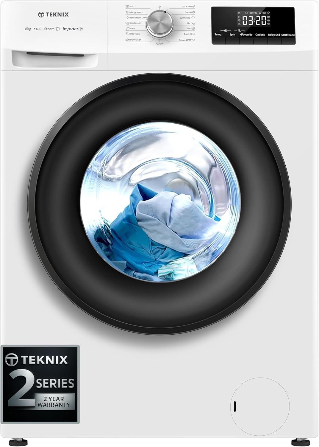 Teknix 8kg Washing Machine – Quick 15/30/49 Min Wash, A Energy Rated, Durable Inverter Motor, Slim Depth, Quiet Spin - TK2W814HW