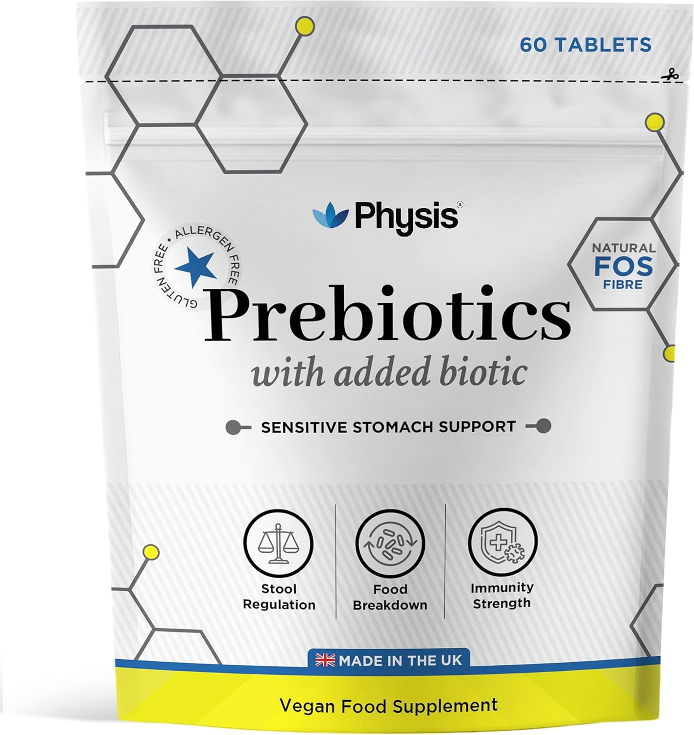 Physis Prebiotics with Probiotics | FOS Fibre Supplement | Gut Health Fiber & Digestion | Diarrhoea & Constipation Relief | 60 Vegan Capsules | 2 Month Supply | Lactobacillus Acidophilus