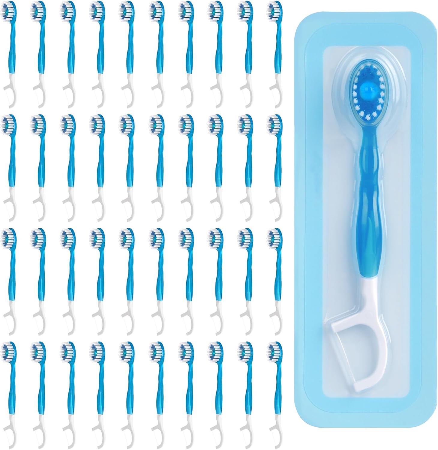 40 Count Disposable Mini Travel Toothbrushes Individually Wrapped, 5 in 1 Pre-Pasted Mini-Brush+Floss+Pick+Tongue Scraper, On The Go Toothbrush with Freshening Bead, Coolmint