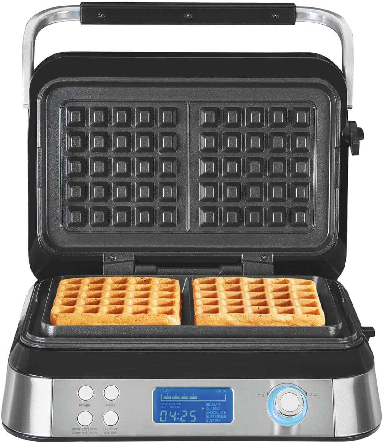 Hamilton Beach Pro Smart Waffle Maker, Non-Stick, 7 Browning Levels, 5 Programmes, Family Size, Digital Display, Overflow Protection - HB5403T, Silver