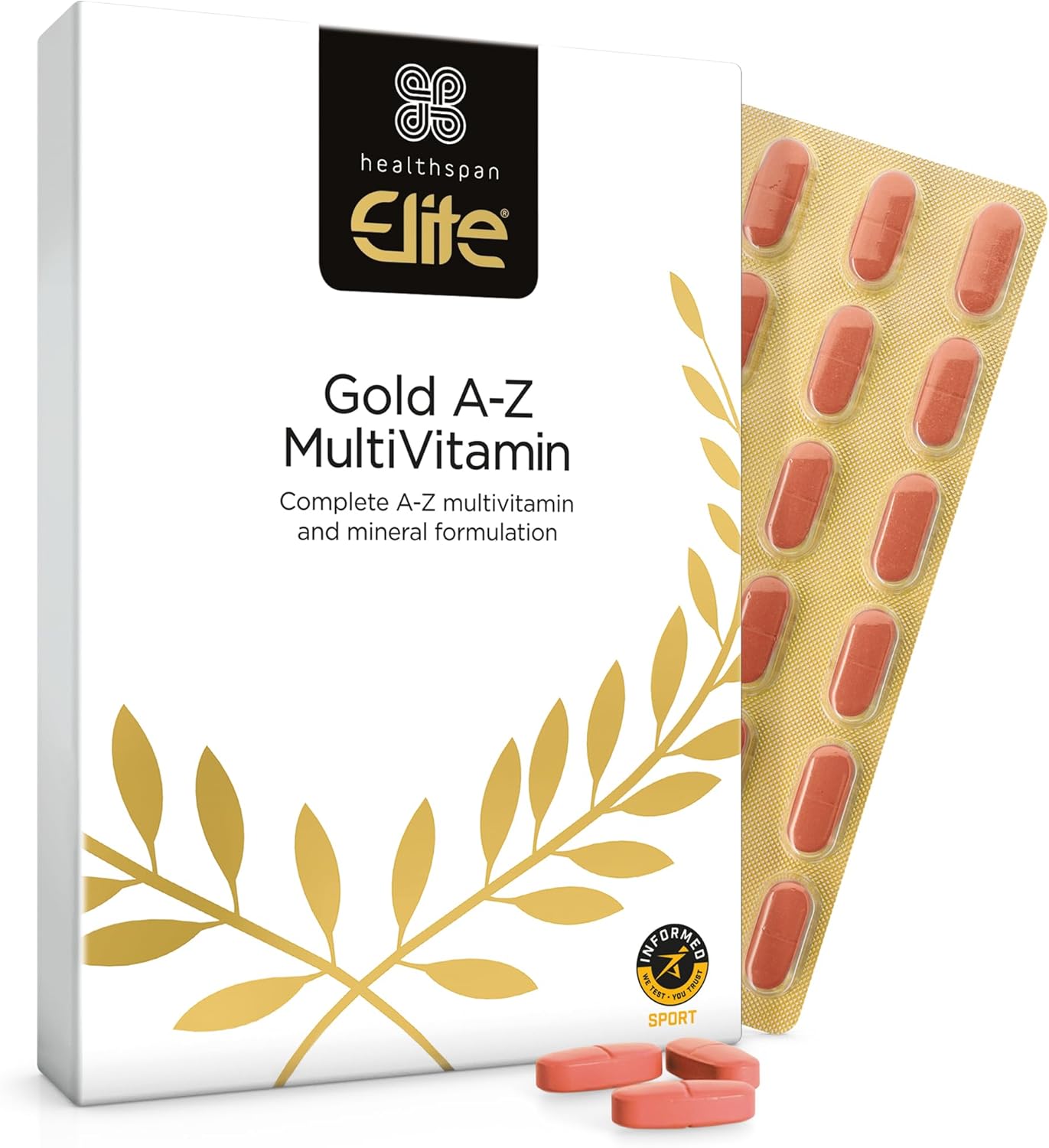 Healthspan Elite Gold A-Z Multivitamin (4 Months’ Supply) | 27 Essential nutrients with Vitamin B Complex with Iron, Selenium & Zinc | All Blacks Official Partner | Informed Sport Accredited | Vegan