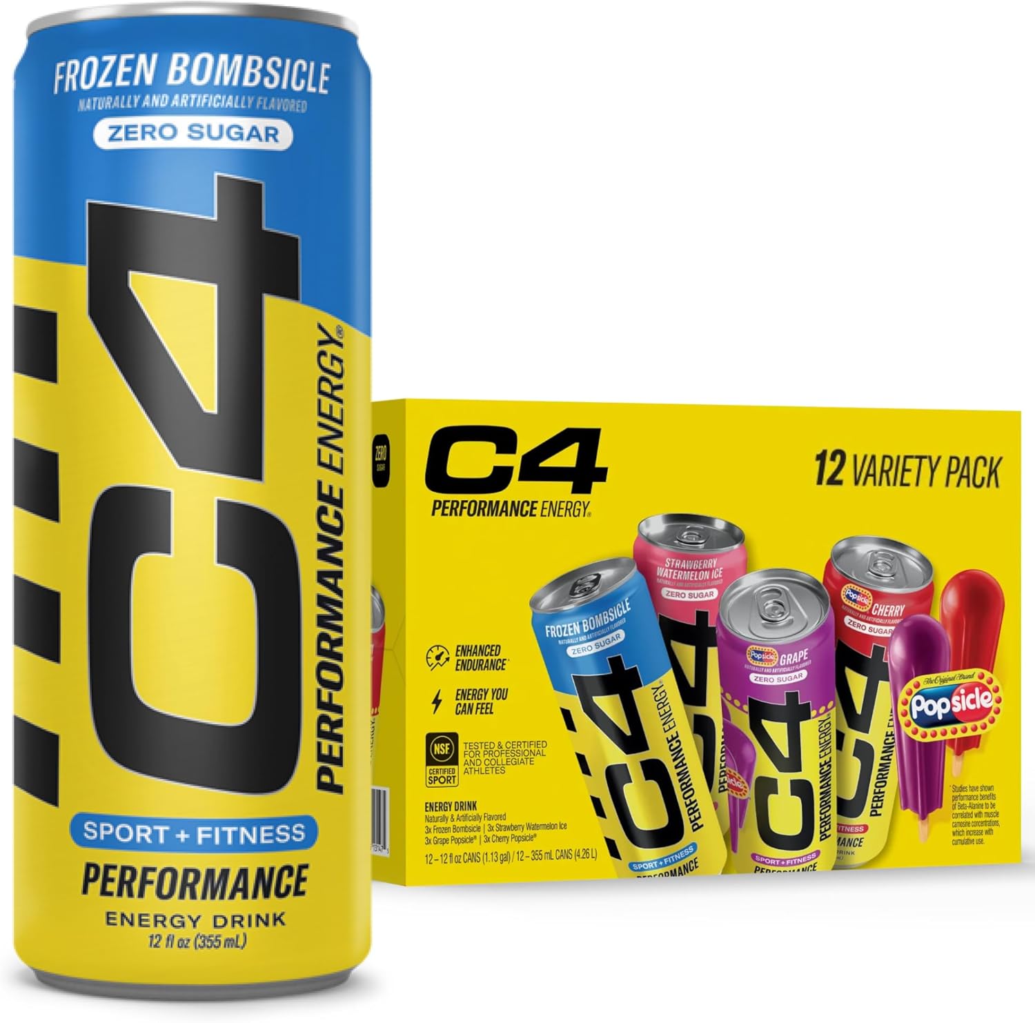 Cellucor C4 Energy Drink POPSICLE Variety Pack, Carbonated Sugar Free Pre Workout Performance Drink, 4 Flavors - Grape & Cherry Popsicle, Strawberry Watermelon Ice, Frozen Bombsicle, 12 Oz Pack of 12