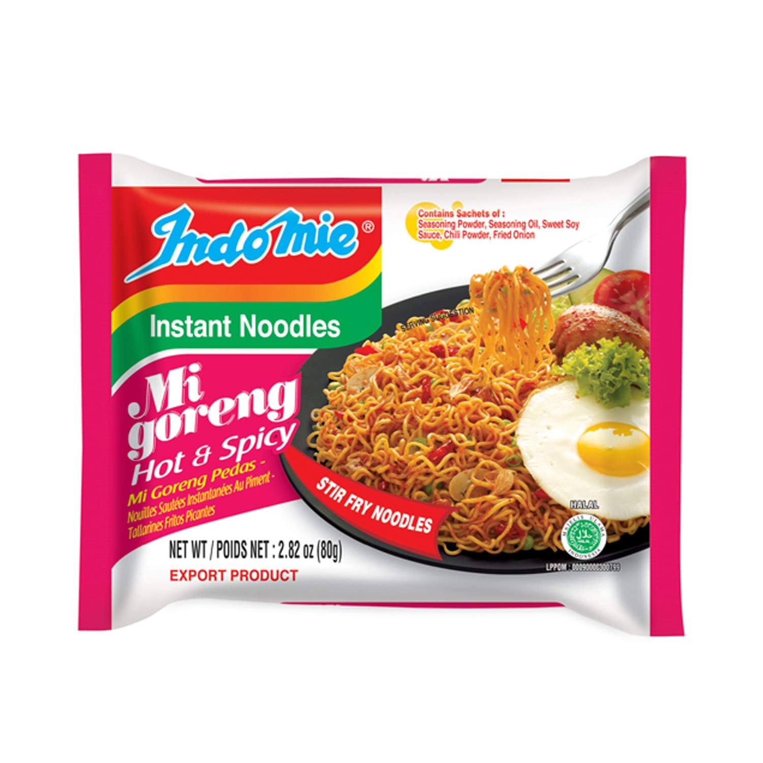 Indomie Mi Goreng Instant Stir Fry Noodles, Halal Certified, Hot & Spicy/Pedas Flavor 2.82 Ounce (Pack of 30)